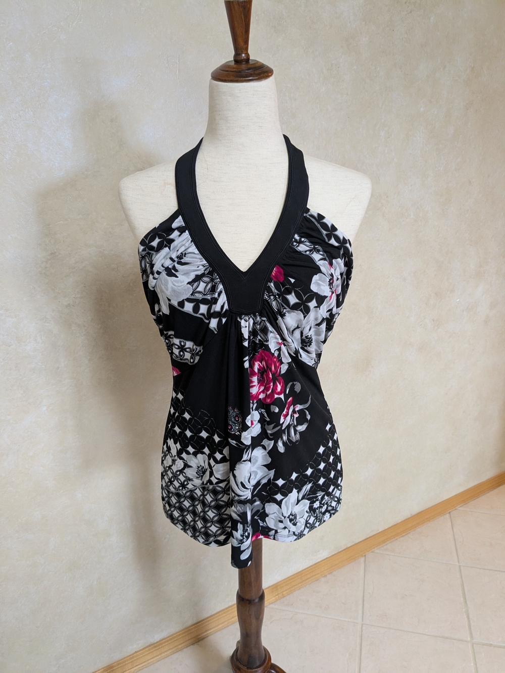 White House Black Market Black Floral Halter Top